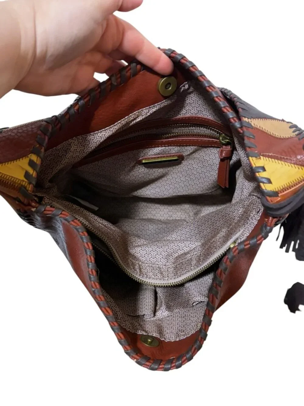 Y2K Steven Faux Leather Patchwork Shoulder Bag Crescent Hobo Tassels Western